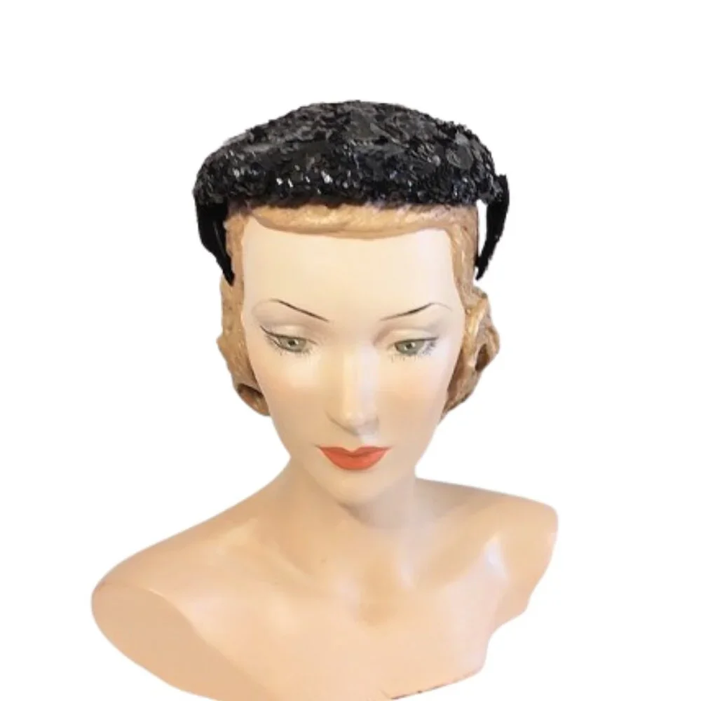 1950s True Vintage Sm Black Cocktail Band Hat Completely Covered With Sequins - Picture 3 of 6
